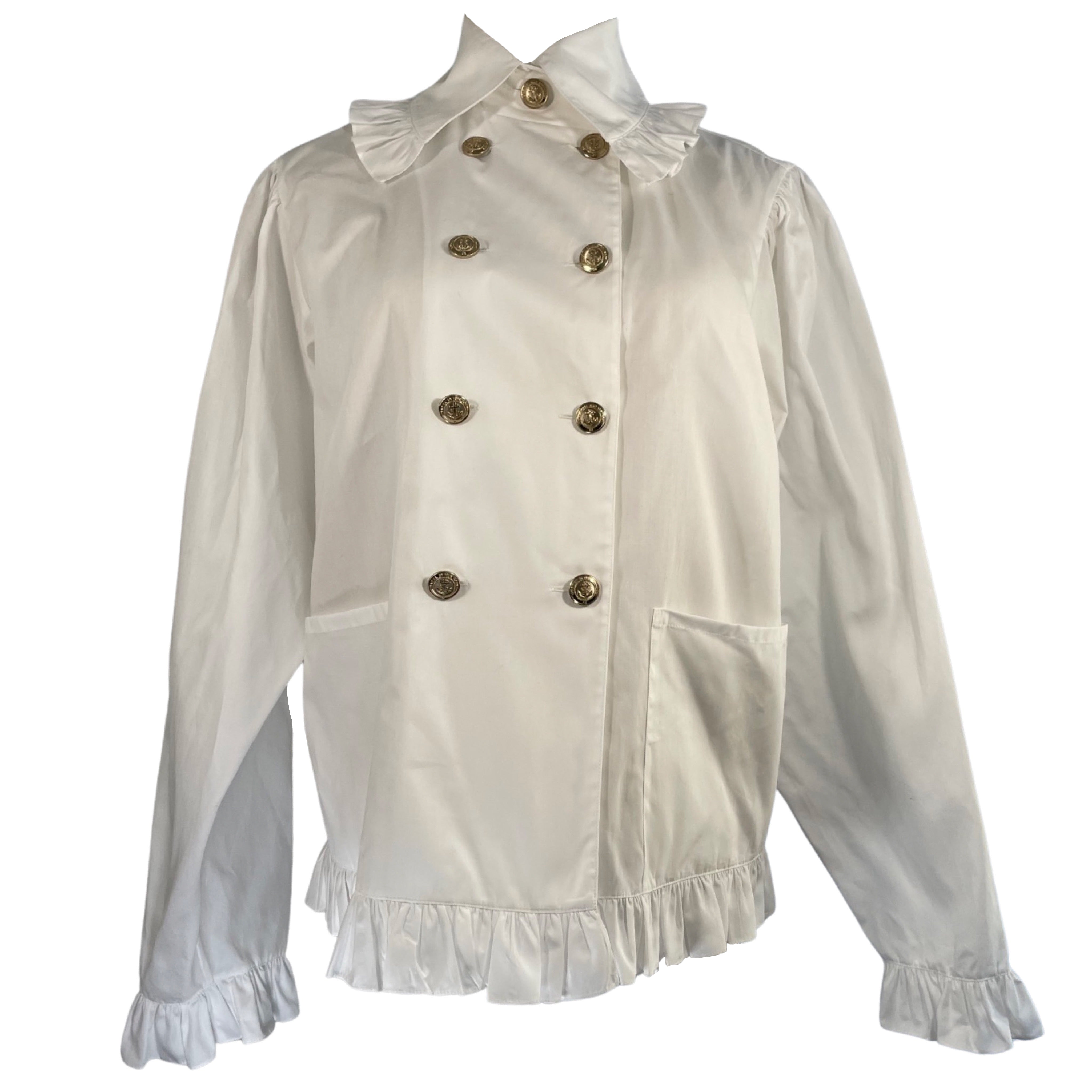 CHANEL runway White Double Breasted Gold Button Ruffled Shirt – Arete
